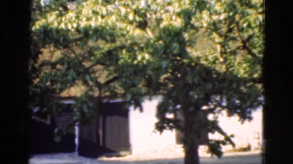 1975 Denmark 8mm frame showing a white rural building partly obscured by leafy trees and dark gate edges.