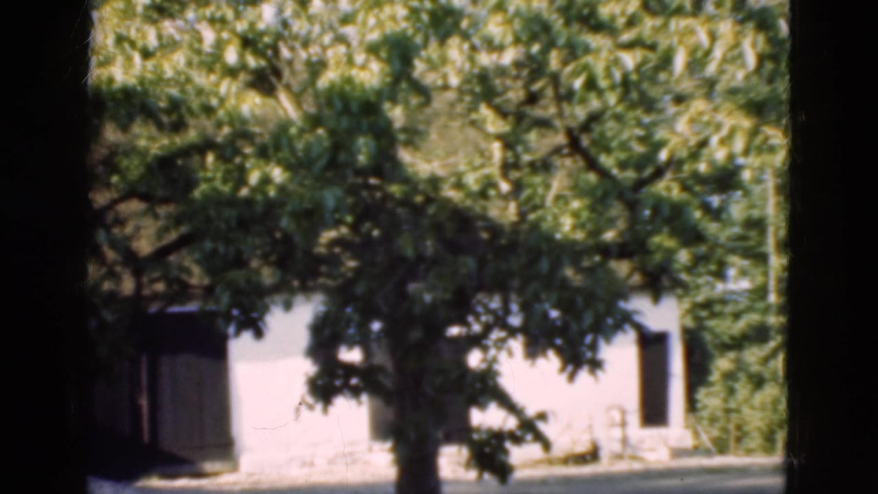 1975 Denmark home-movie frame with a white rural exterior seen through trees and dark vertical frame edges.