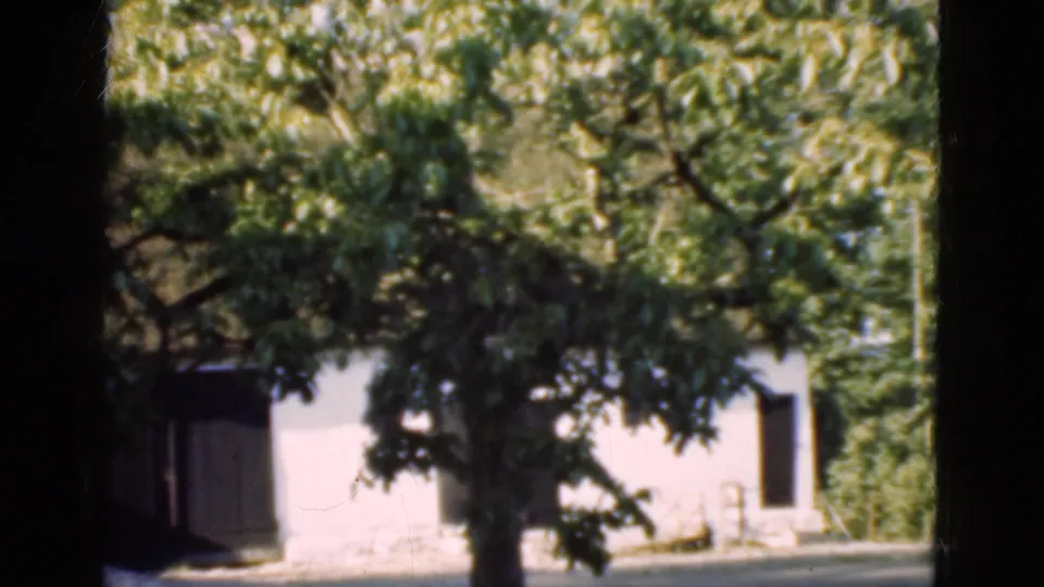 1975 Denmark home-movie frame with a white rural exterior seen through trees and dark vertical frame edges.