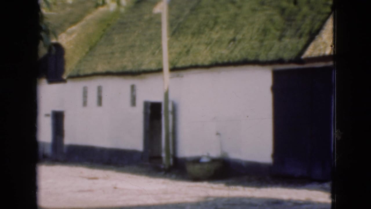 White building side with green thatched roof, dark doorway, pole, low base, and basin near wall.
