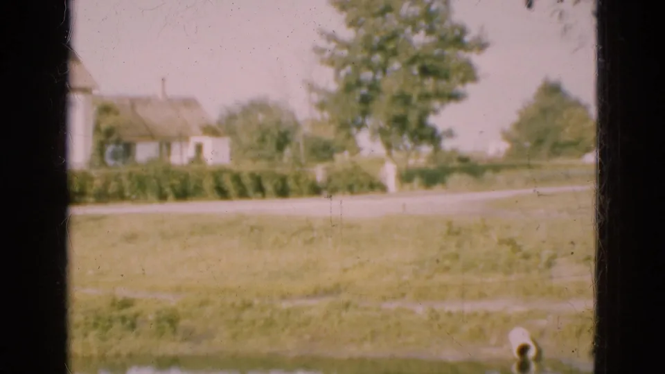 1975 Denmark roadside scene seen through a window, with a house, trees, lawn, road, and distant walking figure.