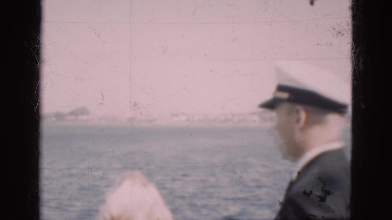 Uniformed man seen through a window looking across harbor water.