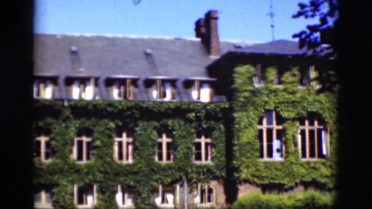 1975 Denmark 8mm frame of the ivy-covered house, showing the roofline, brick chimneys, repeated windows, foreground foliage, and film-edge obstruction.