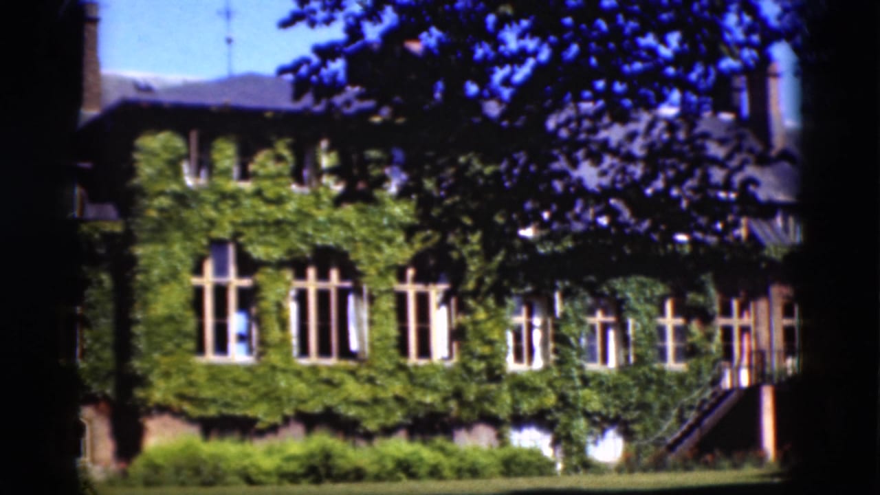 Ivy-covered building facade with tall windows seen across a lawn beneath tree shade.