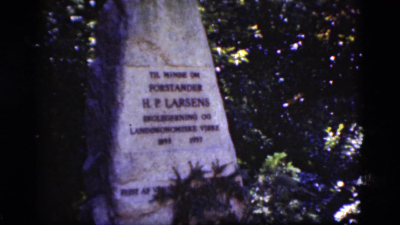 1975 Denmark 8mm frame showing a tall memorial stone for H.P. Larsen, partly shaded by surrounding trees.