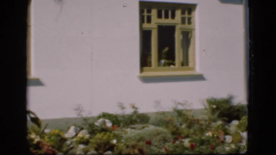 1975 Denmark home-movie frame of a white house wall, yellow-framed window, and foreground garden foliage.