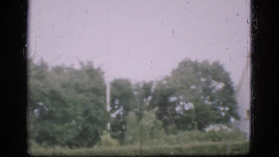 The 8mm frame shows a grassy Danish field with low bushes and a distant tree line in faded color.