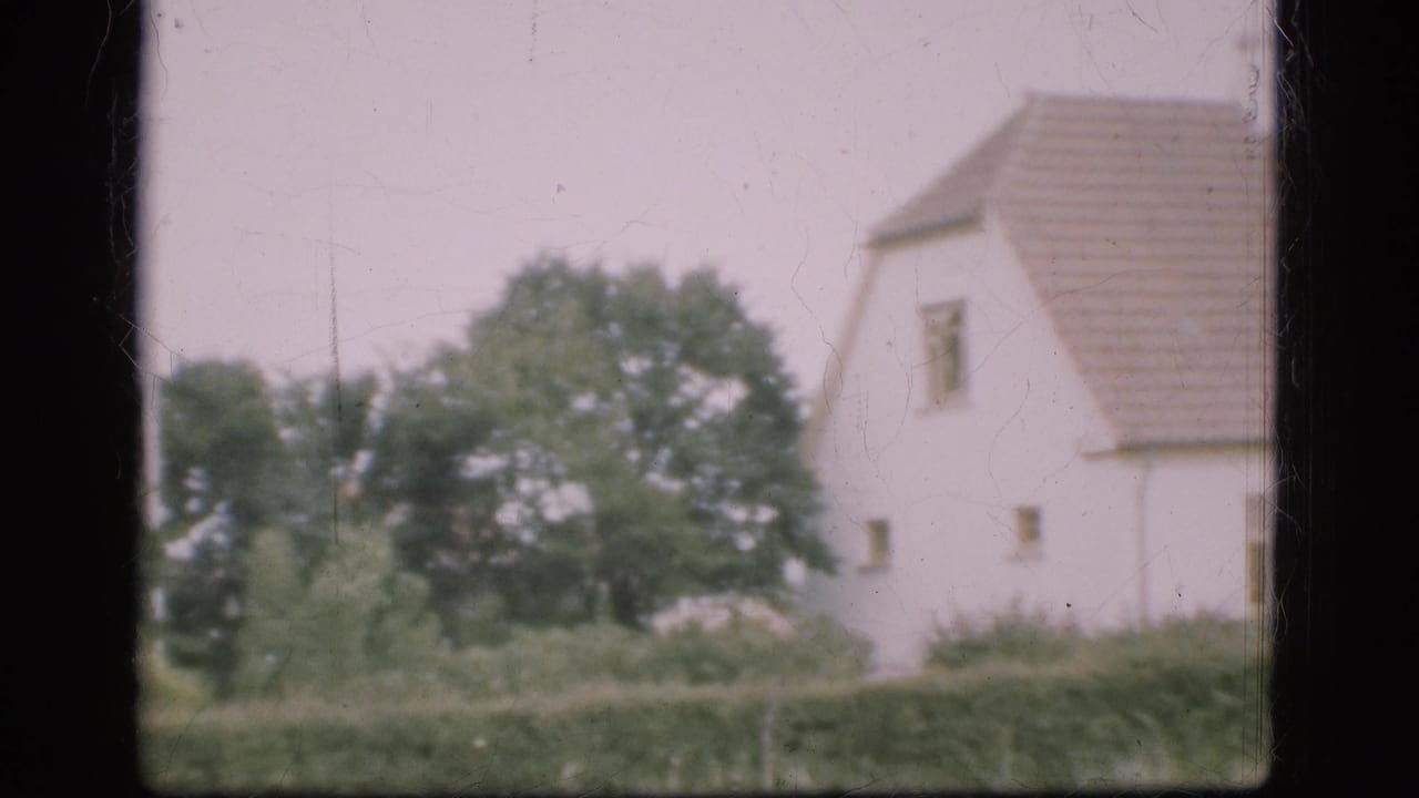1975 Denmark rural view of a white farmhouse and tiled roof beyond hedge and trees, with 8mm grain and scratches visible.