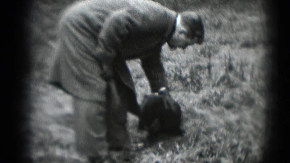 In metadata-dated 1948 Middletown, Pennsylvania footage, a man in a coat bends toward a small dark dog beside a path in the woods.