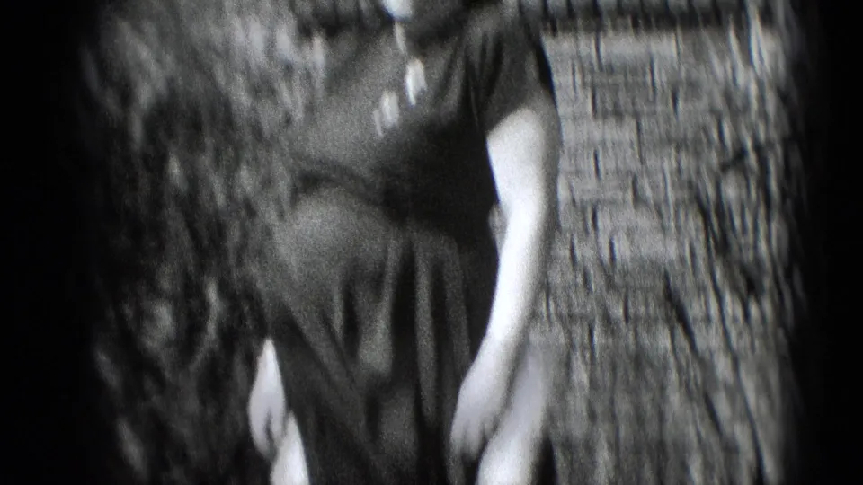 A closer, soft-focus view shows the pregnant woman’s dark dress and arm against shrubs and a brick house exterior.