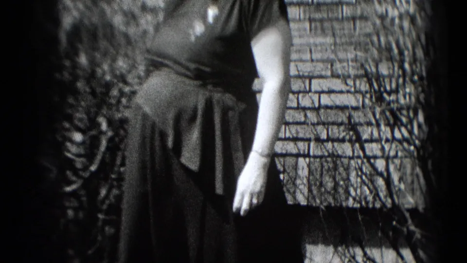 The woman stands in profile-like pose outside the brick house, with shrubs and strong sunlight visible in the frame.