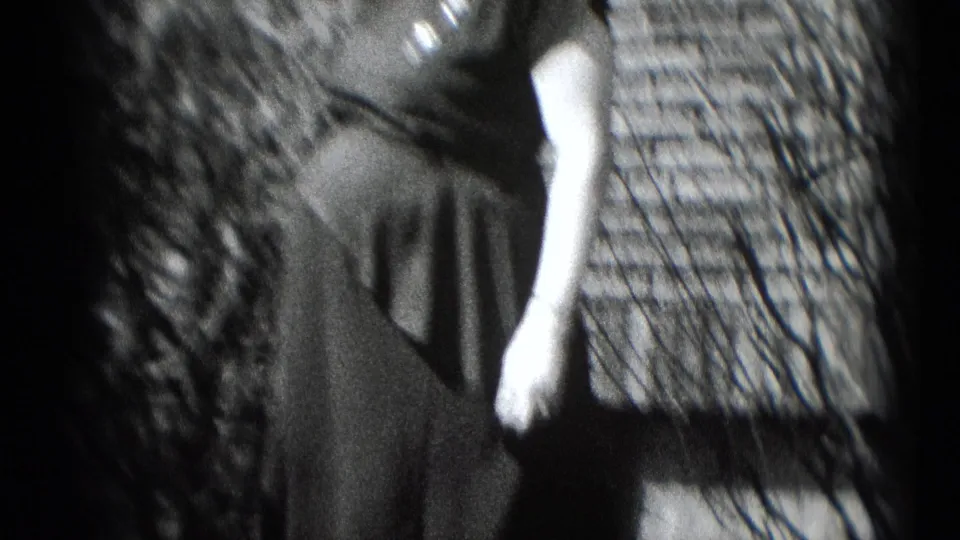 A woman in a dark dress is partly seen outdoors in Middletown, Pennsylvania, in 1948, with shrubs and house siding nearby.