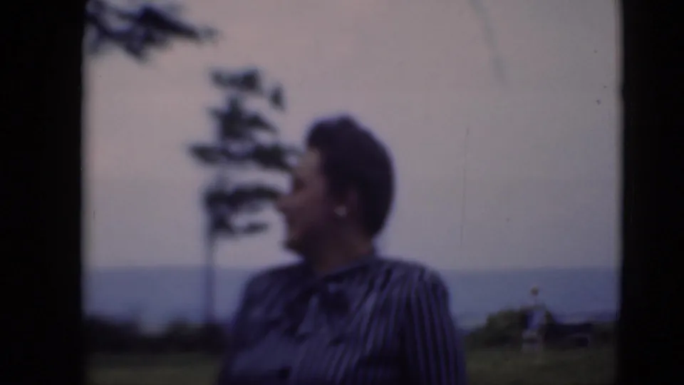 Soft 8mm frame of a woman in a striped blouse turned in profile on a lawn in Middletown, Pennsylvania, with trees and distant horizon behind her.