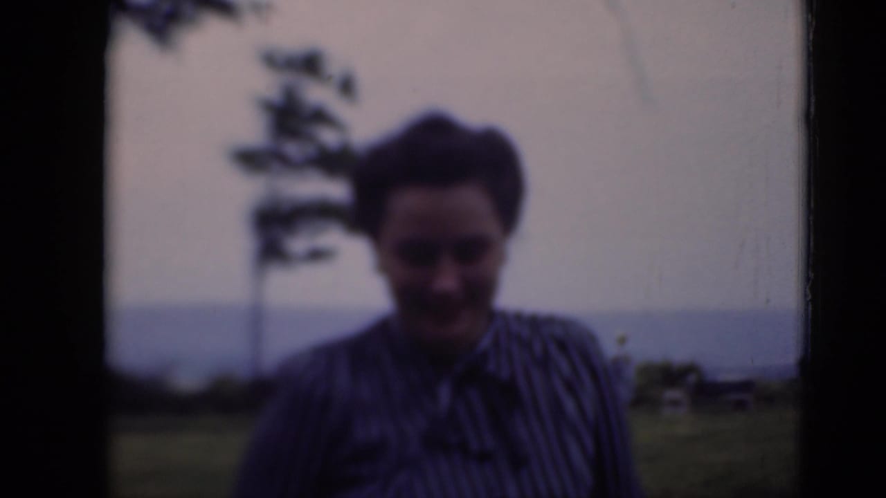 Soft 8mm view of a smiling woman in a striped blouse on a Middletown lawn, with trees and a distant horizon behind her.