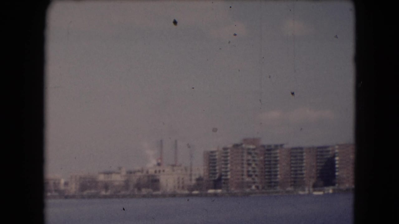 Distant shoreline buildings and industrial stacks across water in a soft film frame.