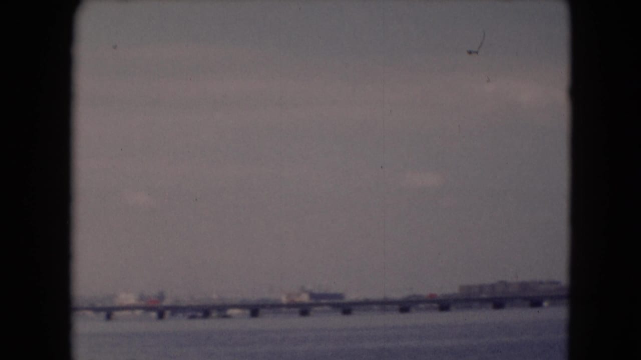 Soft 8mm frame of a long river bridge near Middletown, Pennsylvania, with small far-shore structures and muted overcast light.