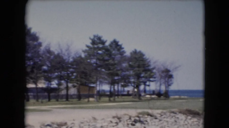 Middletown, Pennsylvania shoreline view with trees, low buildings, a grassy strip, rocks, and blue water under a pale sky.