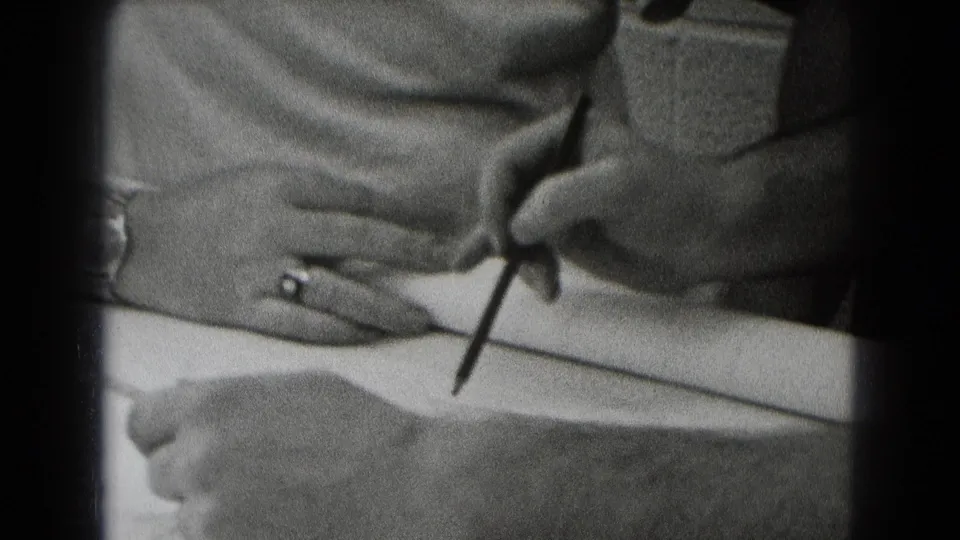 Black-and-white 8mm frame showing adult hands, a pencil, paper, and a ring during an indoor drawing or writing moment.