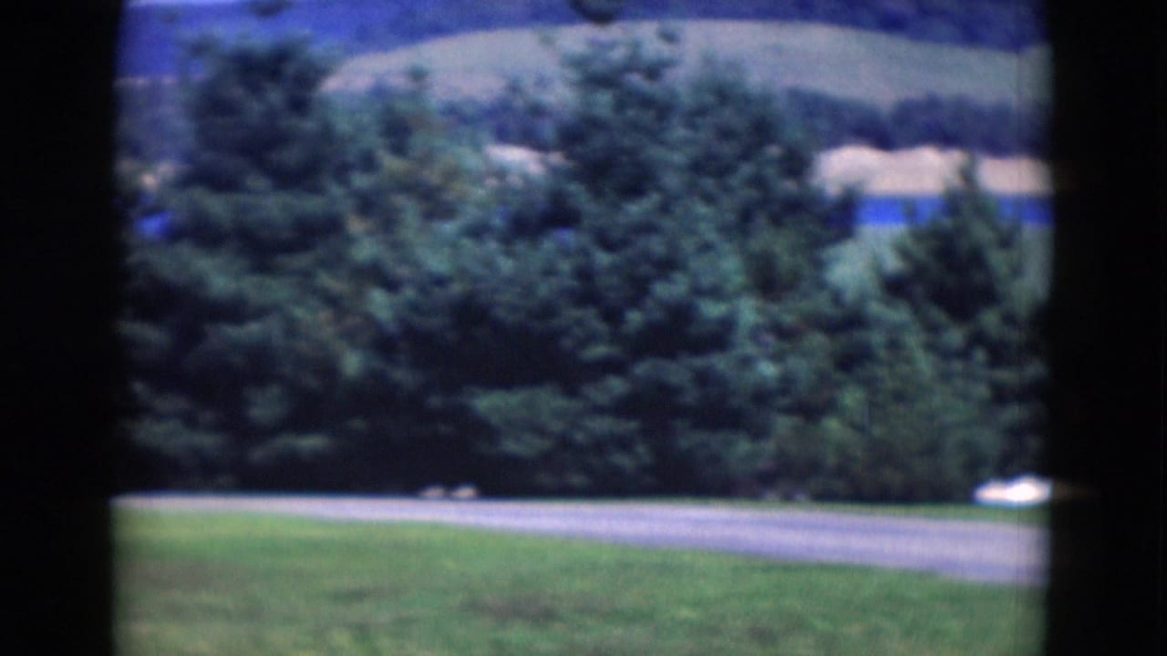 Soft 8mm view of grass, trees, and distant rolling hills.