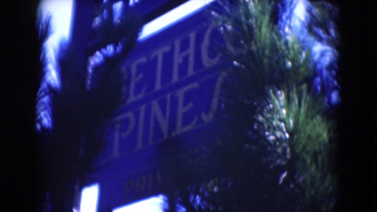 Close 8mm frame of the Bethco Pines sign near Middletown, Pennsylvania, with pine branches obscuring part of the lettering.