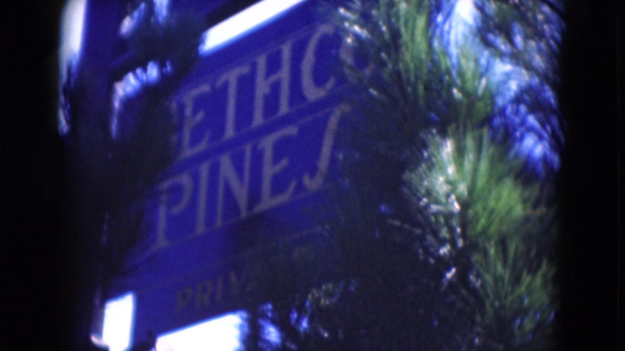 Blurred entrance sign partly reading Etho Pines beside dark tree branches.