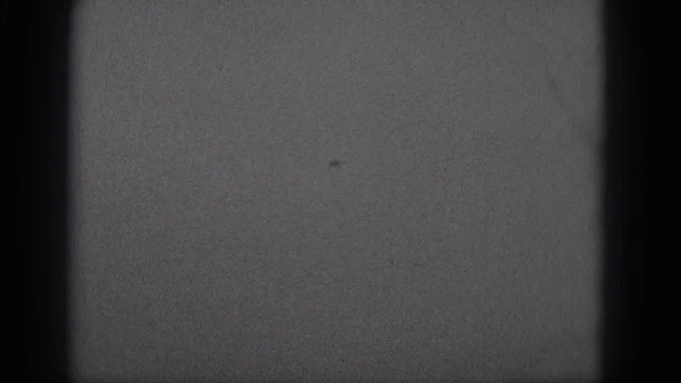 1975 8mm frame from Middletown metadata showing grain, dark borders, and an indistinct light gray field.