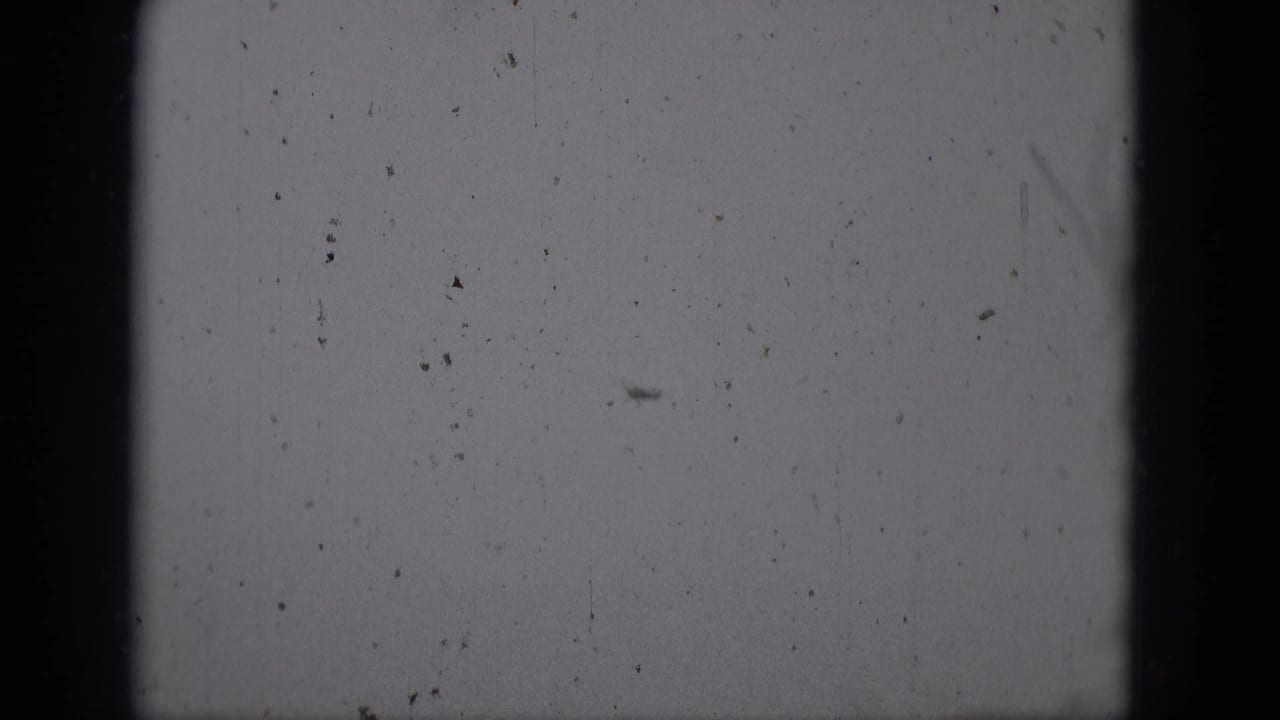 Tiny aircraft silhouette near the center of a grainy pale sky, bordered by dark film-gate edges.