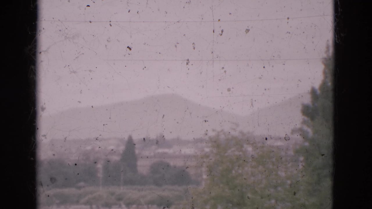 A dark window divider separates a soft view of hills and trees.
