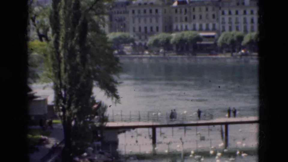 1975 Portugal 8mm view through trees toward a lakeside path, distant walkers, water birds, and buildings across the lake.