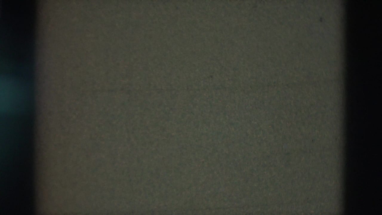 Dark film frame with a central black vertical band and muted green-brown texture.
