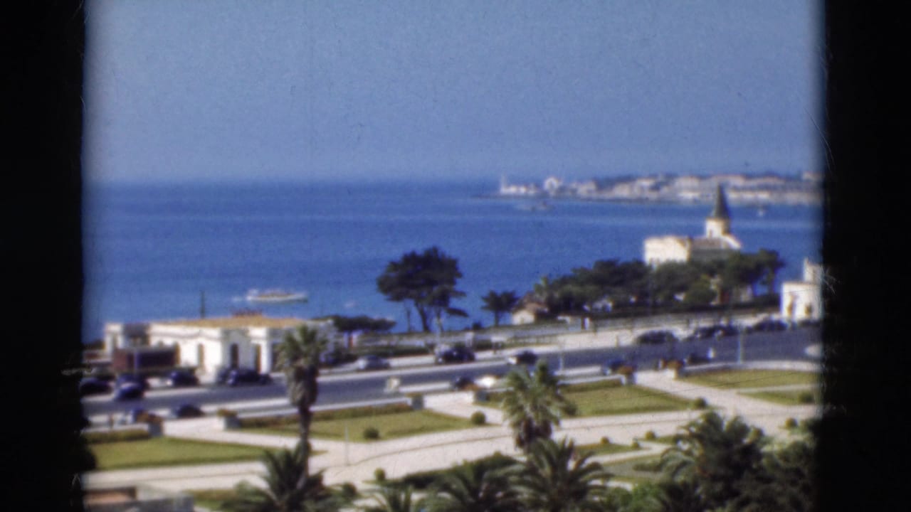 Waterfront road beside blue sea with palms, lawns, cars, a small boat, and a white church with a steeple.
