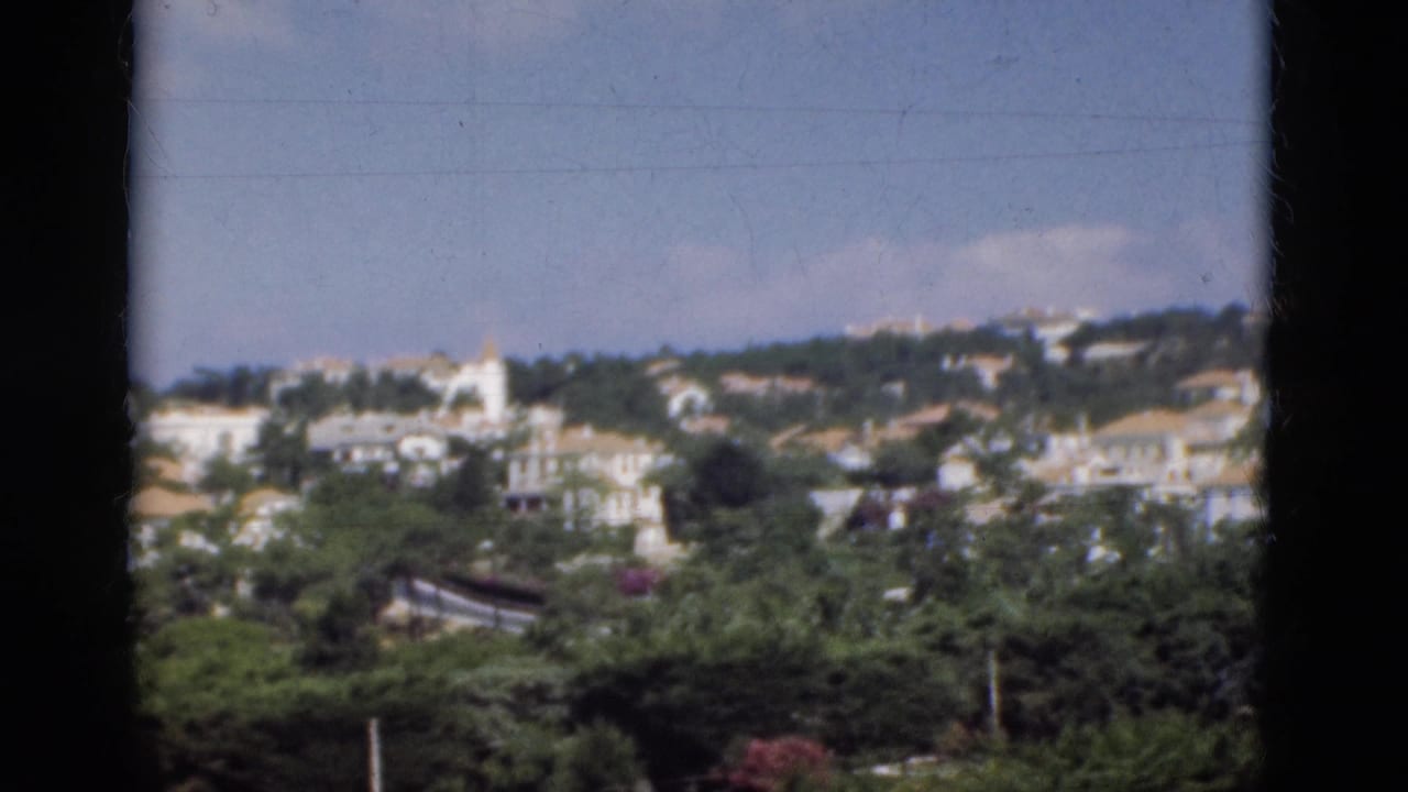 Hillside town with white buildings, trees, and blue sky.