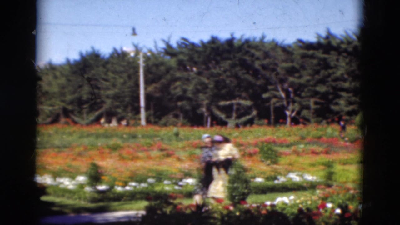 Two distant women walk along a path through colorful flower beds and hedges.
