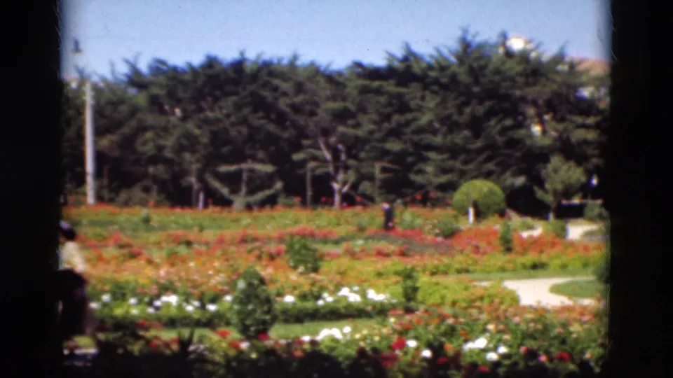 The 1975 Portugal home-movie frame shows a colorful formal garden with winding paths, flower beds, shrubs, trees, and small distant figures.