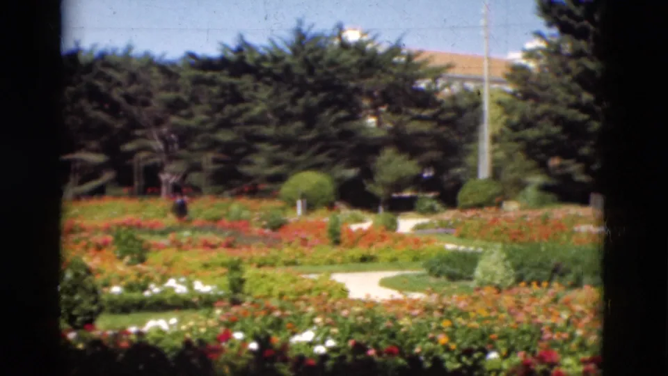 Portugal 1975 footage shows a broad formal garden scene with a pale walkway, red and white flowers, trimmed bushes, and distant visitors.