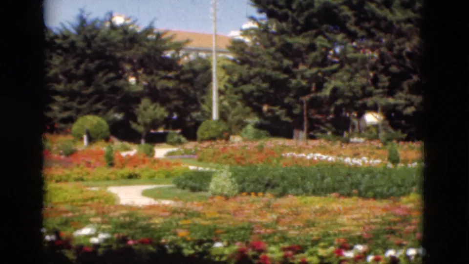 A late frame from the Portugal 1975 clip shows layered flower beds, a curving path, clipped shrubs, and distant people under clear sky.