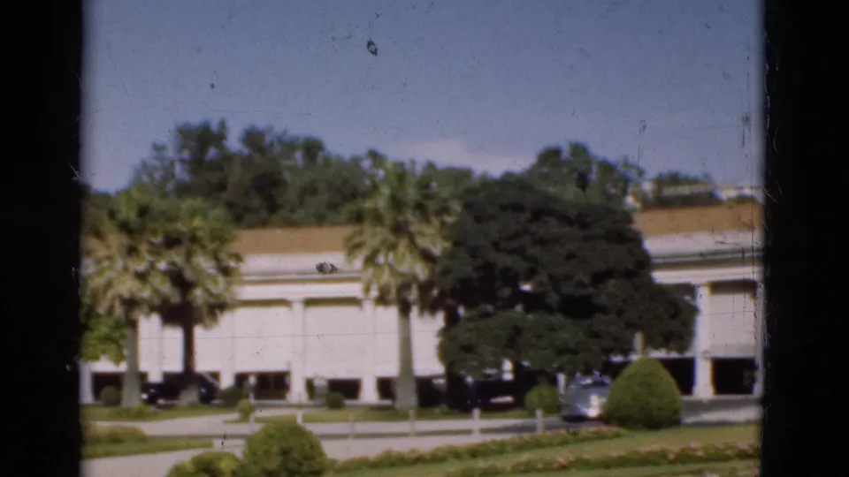 1975 Portugal 8mm frame with palm trees, dense greenery, a white building frontage, parked cars, and soft home-movie exposure.