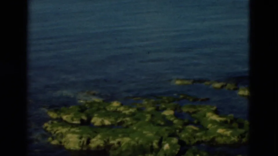 1975 Portugal home-movie frame showing green algae-covered rocks beside blue water with distant shoreline buildings.
