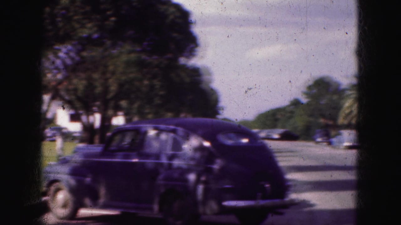 A dark rounded car moves past a sunny Florida roadside with palms, trees, and a lawn visible in soft 8mm focus.