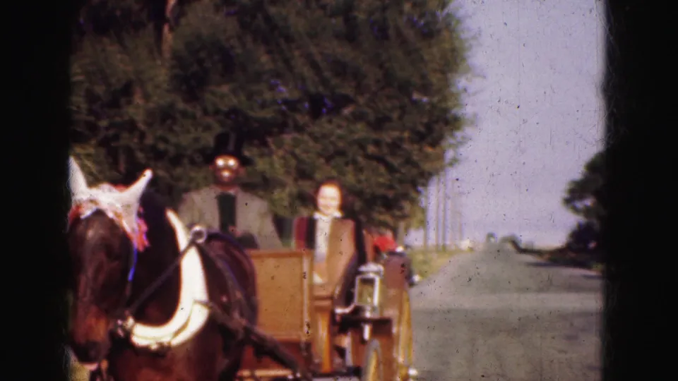 1975 Florida Everglades home-movie still showing the horse and buggy slightly farther along the sunny road.