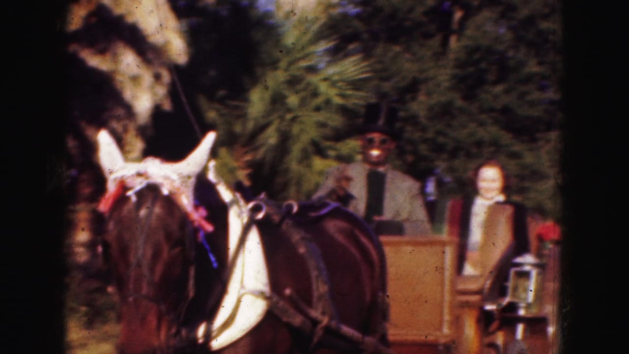 Two horses pulling a carriage with passengers among palm trees.