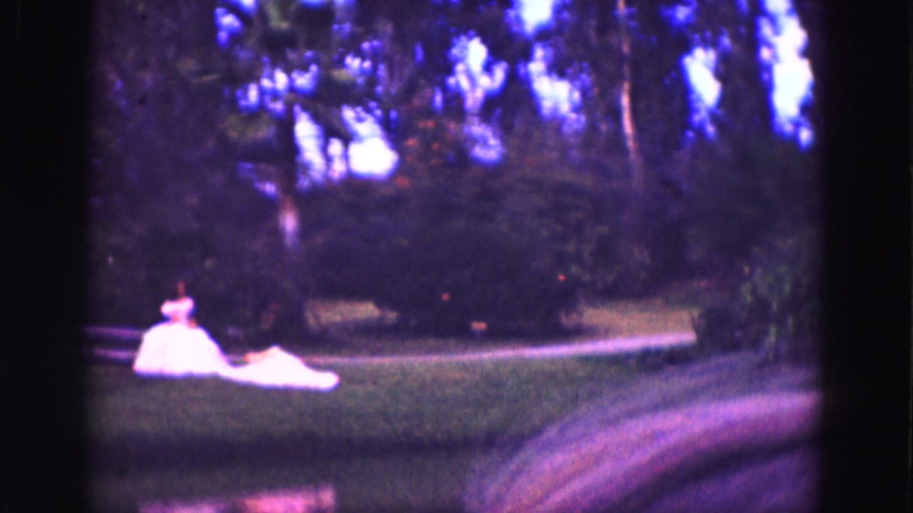 A woman in a flowing white gown sits by a park bench near a canal in the Florida Everglades setting.