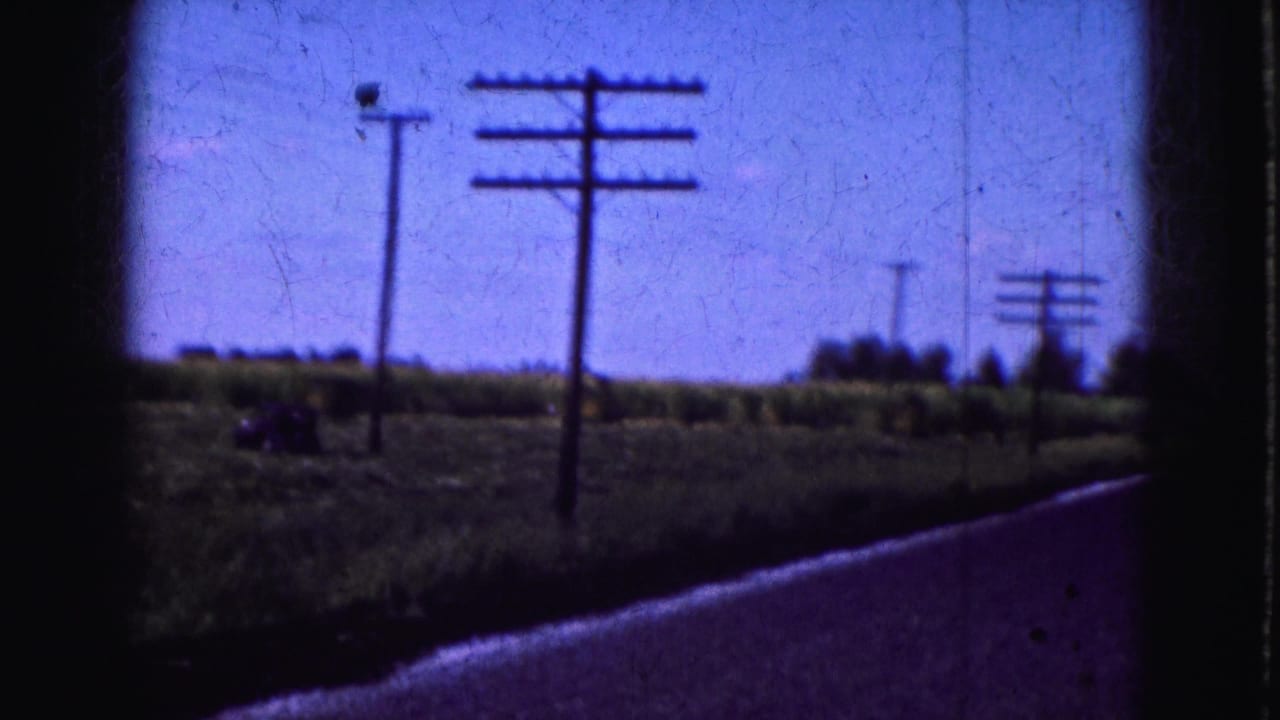 Open roadside field and utility poles seen from a moving vehicle.