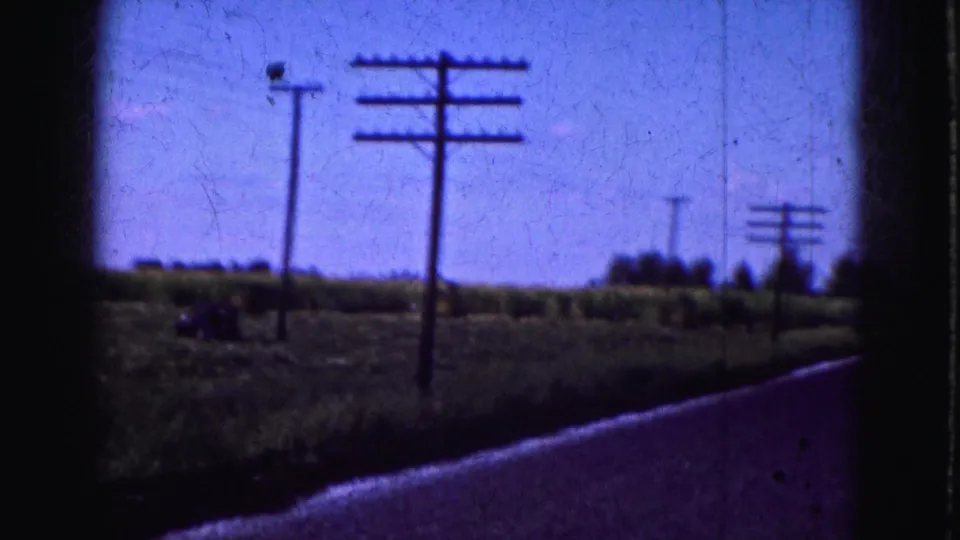 Blue-tinted 1975 8mm view of a Florida Everglades roadside field with utility poles and a paved road edge.