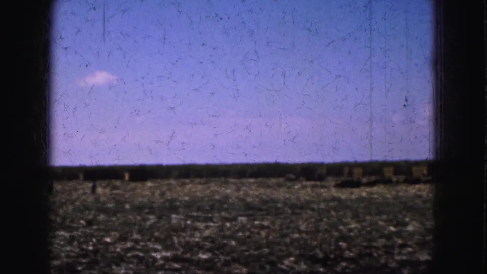 1975 8mm Everglades-area landscape view showing a flat field, low horizon, and blue-shifted sky with film wear.