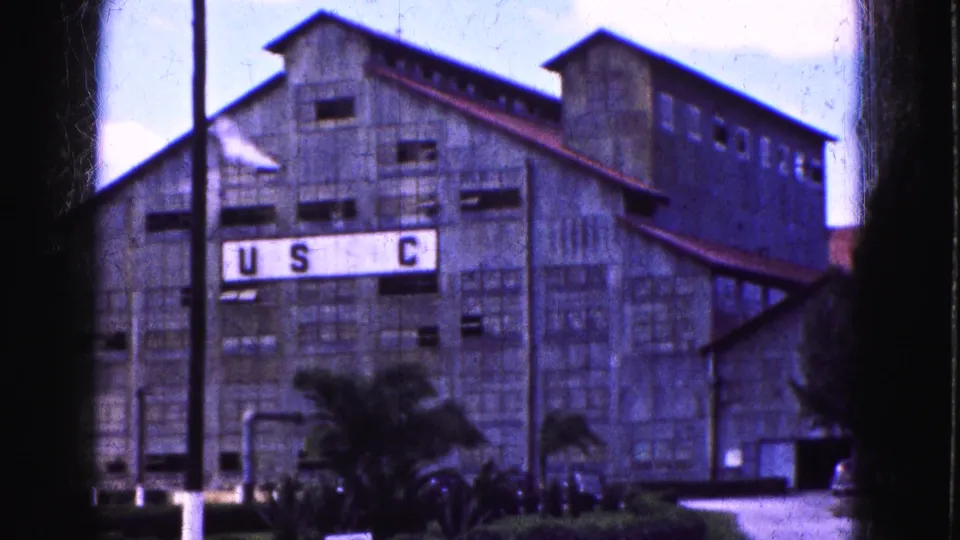 1975 Florida Everglades 8mm frame of a weathered industrial facade with USC lettering, palms, shrubs, and visible film border.