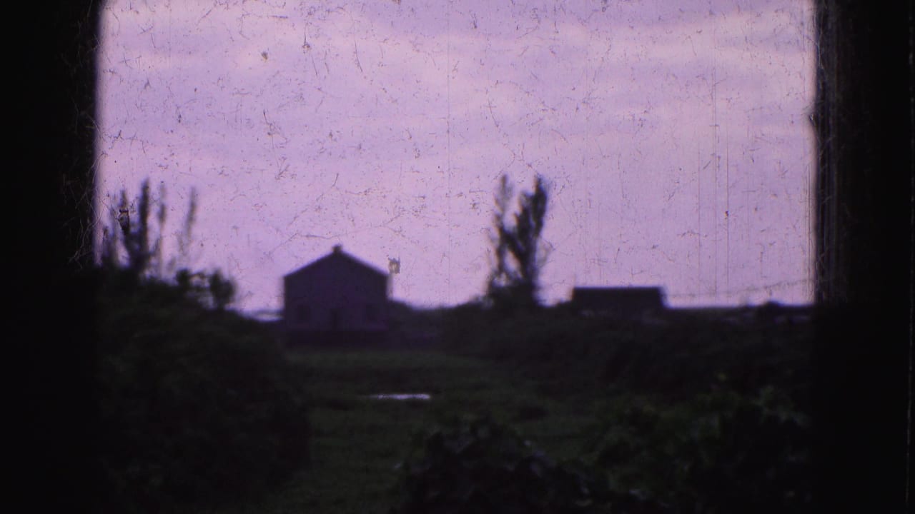 Distant house-like building and trees seen through a dark frame under a purple sky.