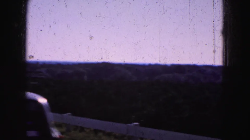 End frame of the 1975 Florida Everglades road-trip clip, with the highway edge, guardrail, vegetation, and vehicle silhouette framed by the car window.