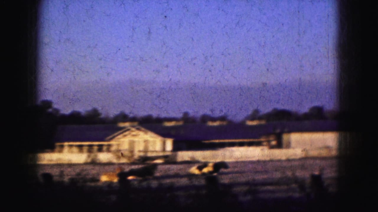 1975 Florida frame with low waterfront or rural buildings, dark roofs, parked vehicles, and open ground beneath a fading blue sky.