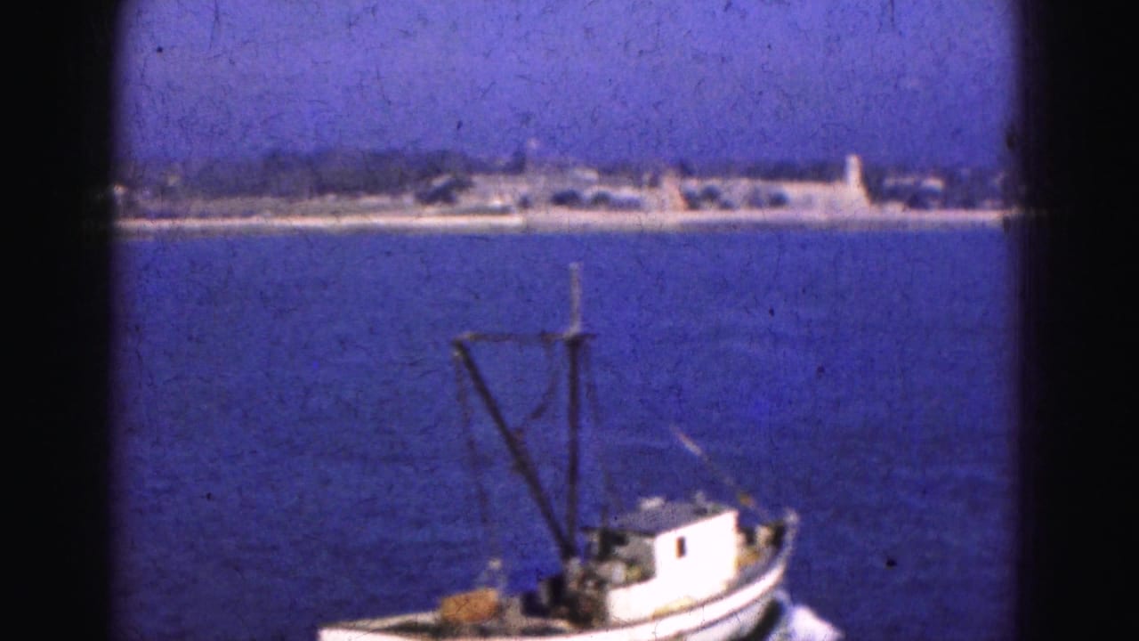 Small mast boat on blue Florida Everglades water, with a distant low shoreline and pale tower-like structure in the background.